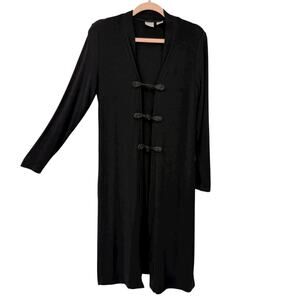 Chicos 0 Frog Knot Long Cardigan Small Black Slinky Knit Travelers Asian Artsy